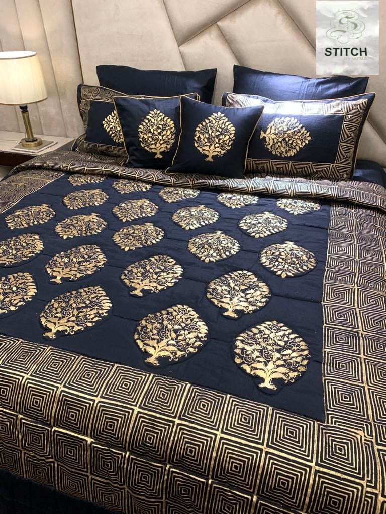 Blue and gold block print