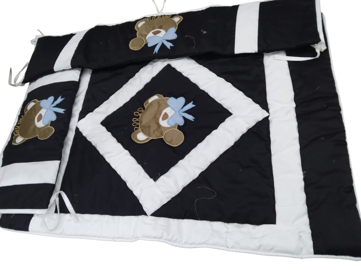 Black and white quilted baby set with embroidered teddy bear appliques