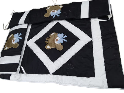 Black and white quilted baby set with embroidered teddy bear appliques