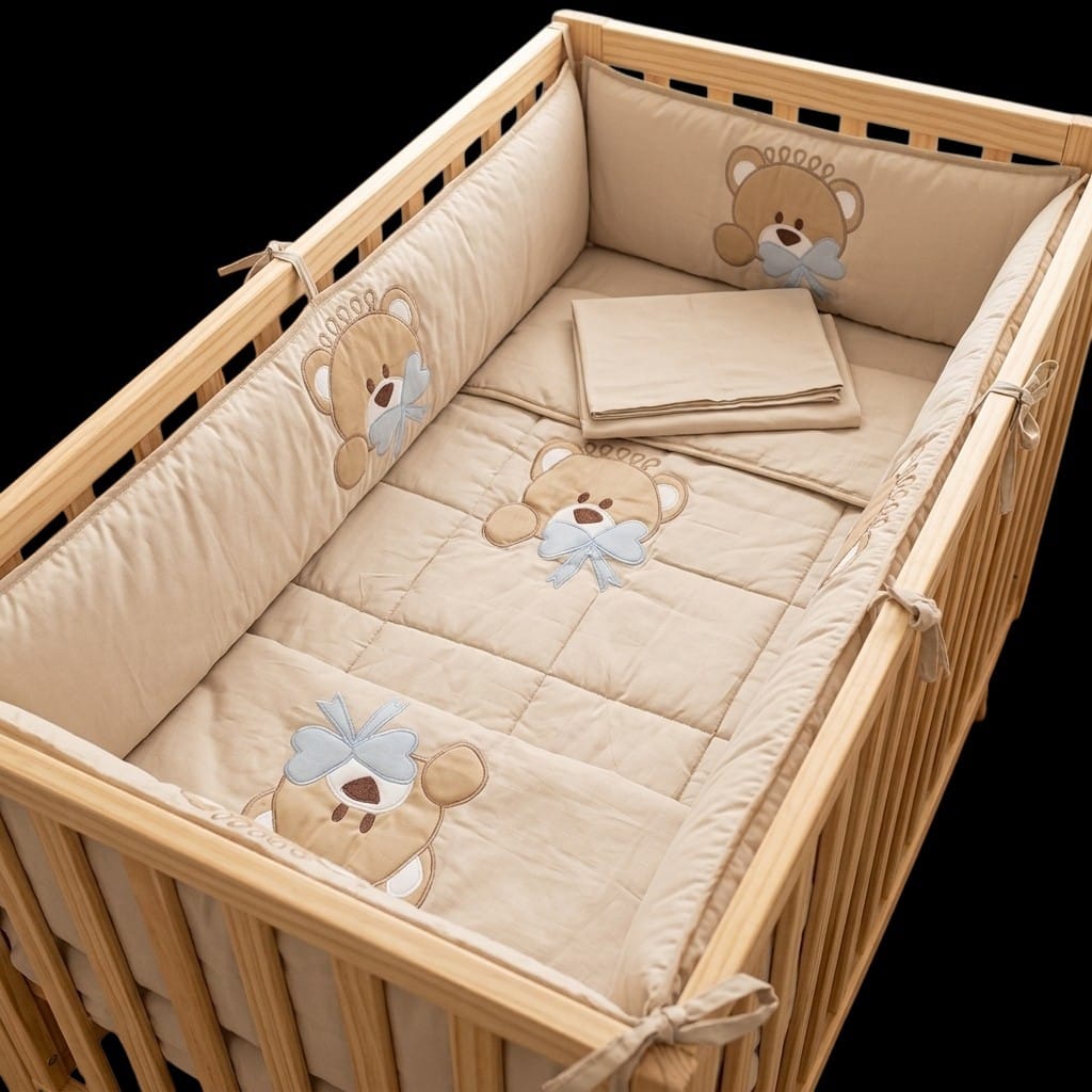 Beige teddy bear cot bedding set fitted in a wooden cot